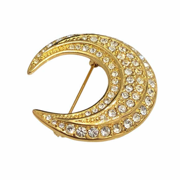 VINTAGE JOAN RIVERS GOLD & CLEAR CRYSTAL CRESCENT MOON BROOCH - Picture 3 of 16